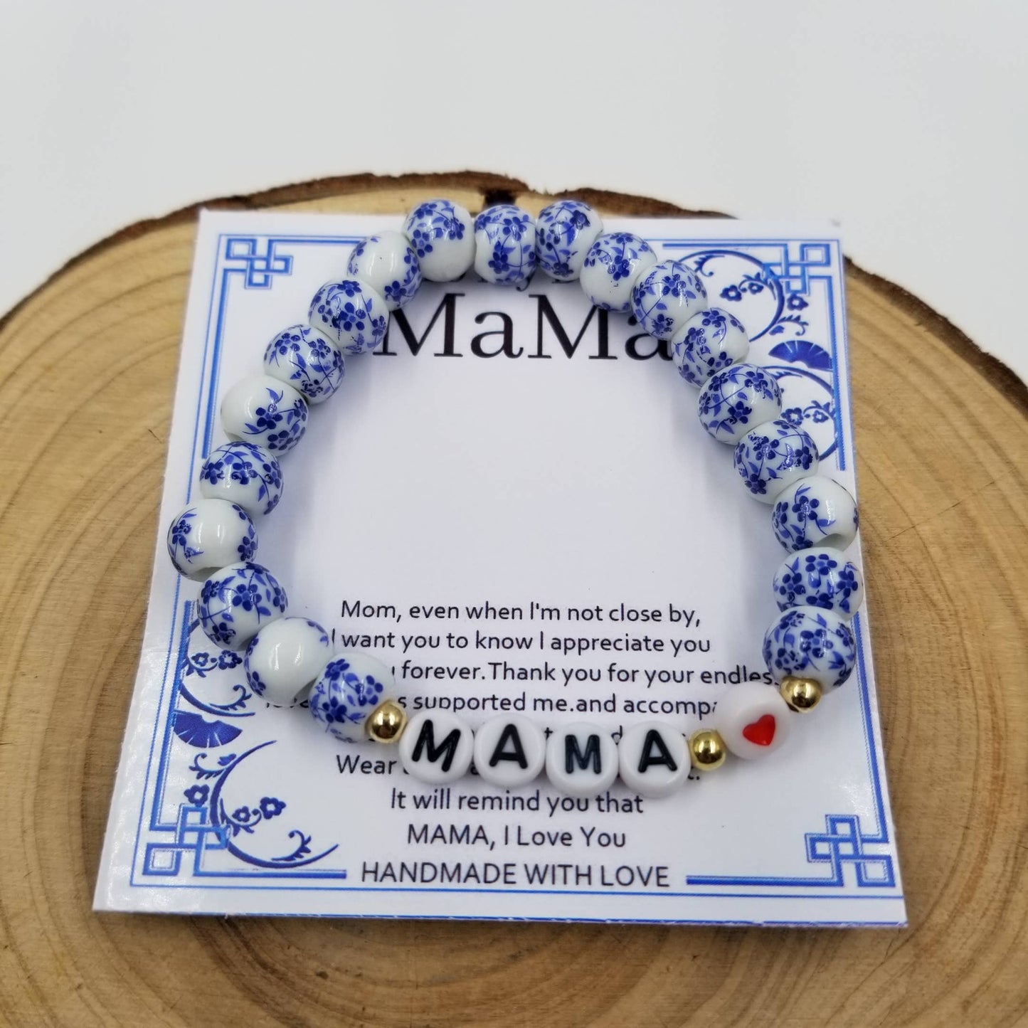 Vintage Porcelain Bead Mama Bracelet With Card