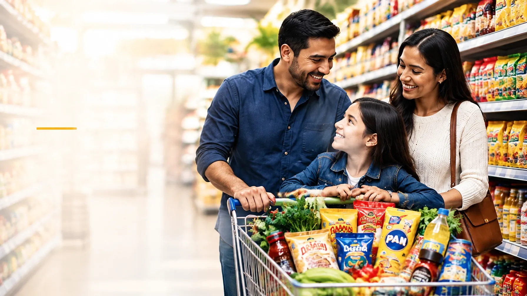 Familia latina disfrutando su compra en una tienda de productos latinoamericanos